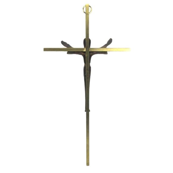 Vintage Bronze Metal Thin Crucifix Robed Jesus Wall Decor Hanging Brass 10 inch - Picture 3 of 14